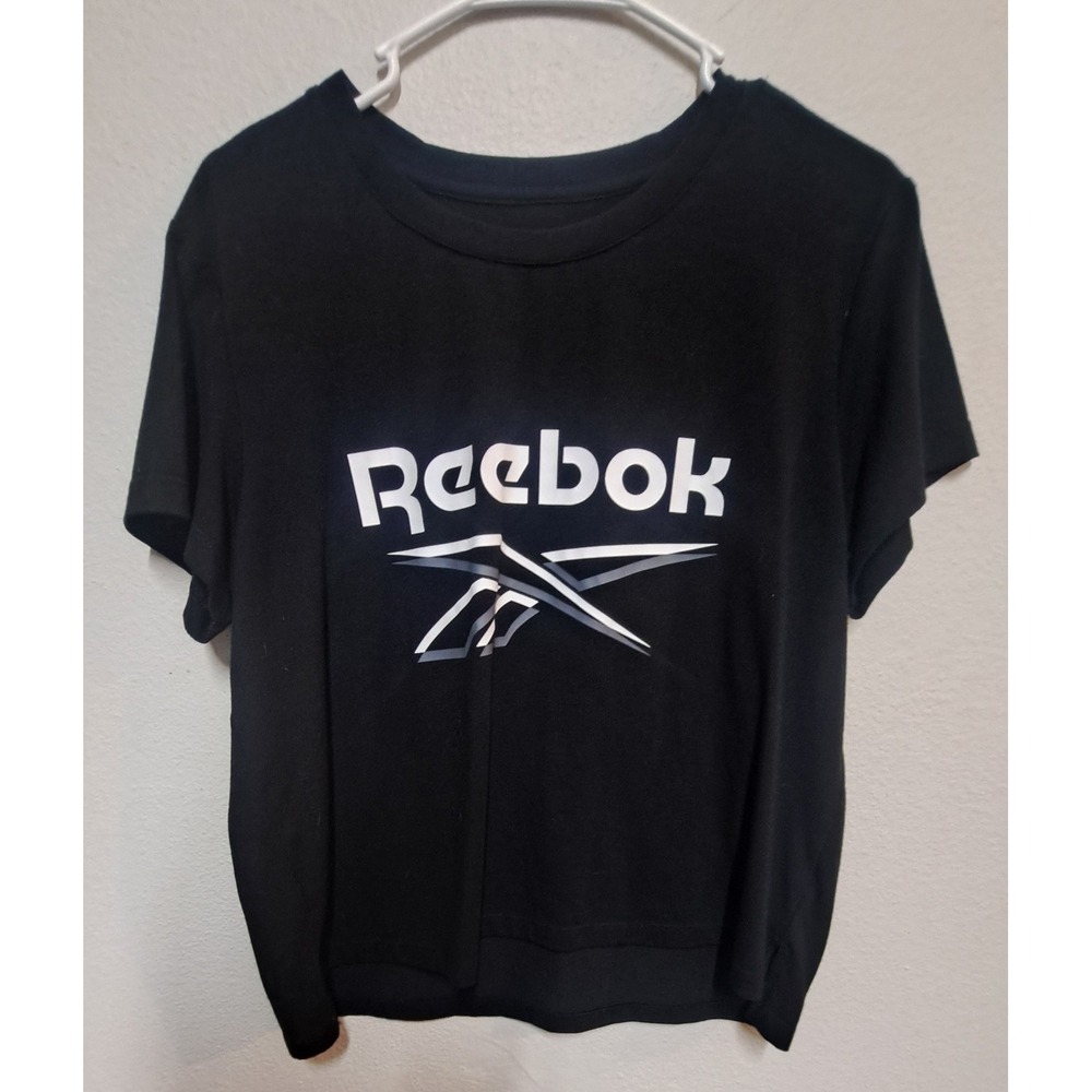 Reebok Black Logo T Shirt Women's Large Graphic Tee Athletic Short Sleeve